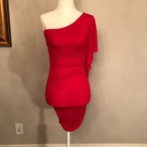 Red Ruched Bodycon BeBe one shoulder dress XS